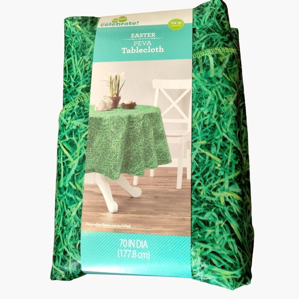 Easter Vinyl Round Tablecloth Green Grass 70  Inch Peva New